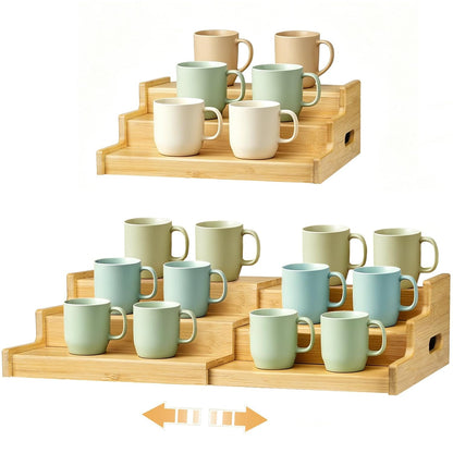 3-Tier Expandable Bamboo Mug Holder for Countertop Coffee Cup Holder Display Mug Organizer Mug Rack for Coffee Bar Organizer Mug Shelf for Cabinet for Kitchen, Home, No Assembly