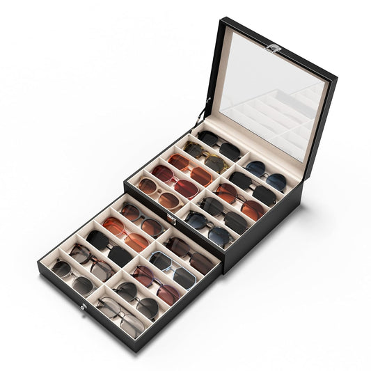 20 Slots Sunglass Organizer for Women Men Sunglass... (Black | Leather, Velvet)