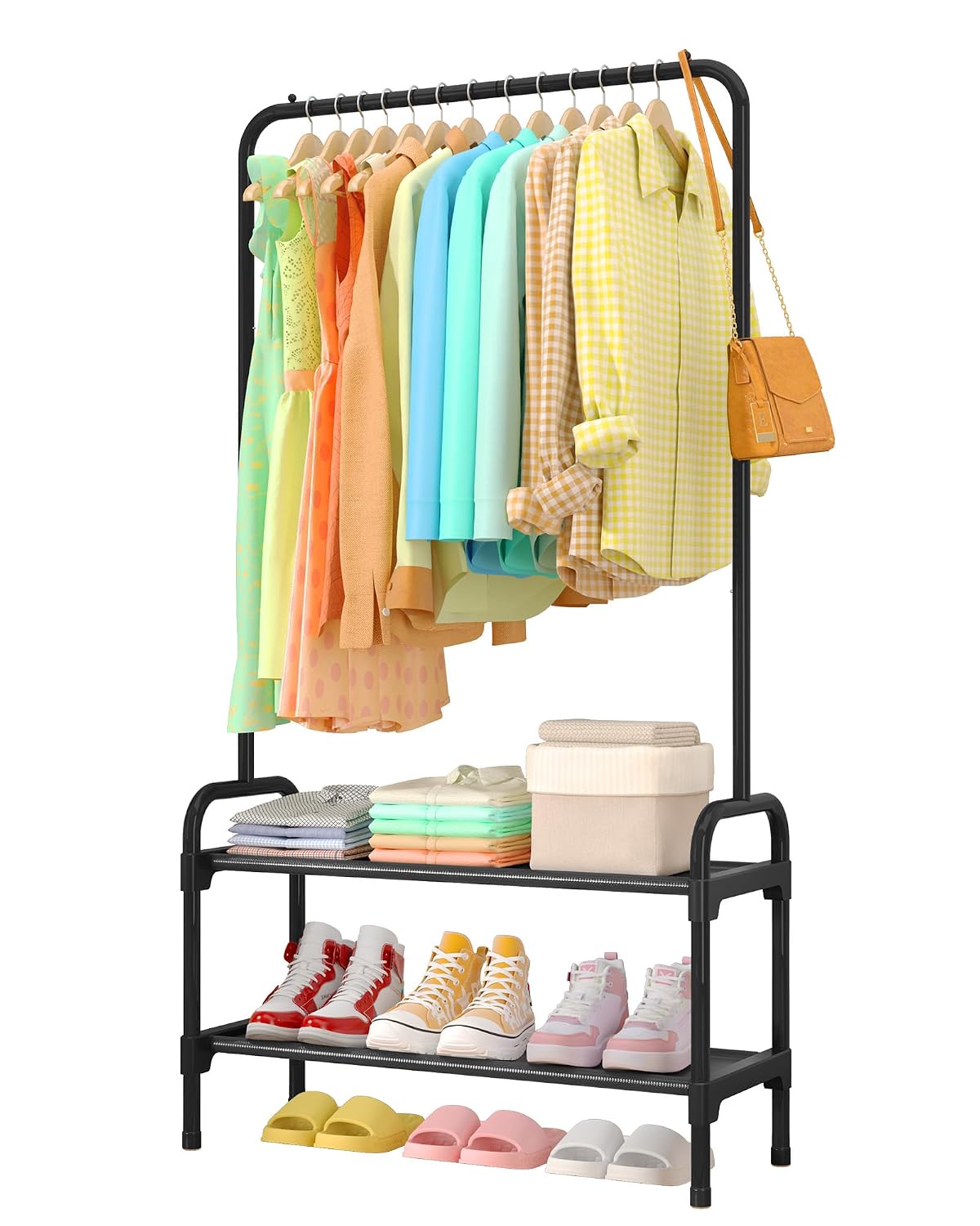 Sakugi Clothes Rack - 29.3" × 12.5" × 59.6" Clothing Rack and Shoe Rack with Anti-Slip Stopper, Large Capacity Rack with 2-Tier Shoe Organizer, Clothes Organizer for Bedroom, Entrance, Laundry, Black