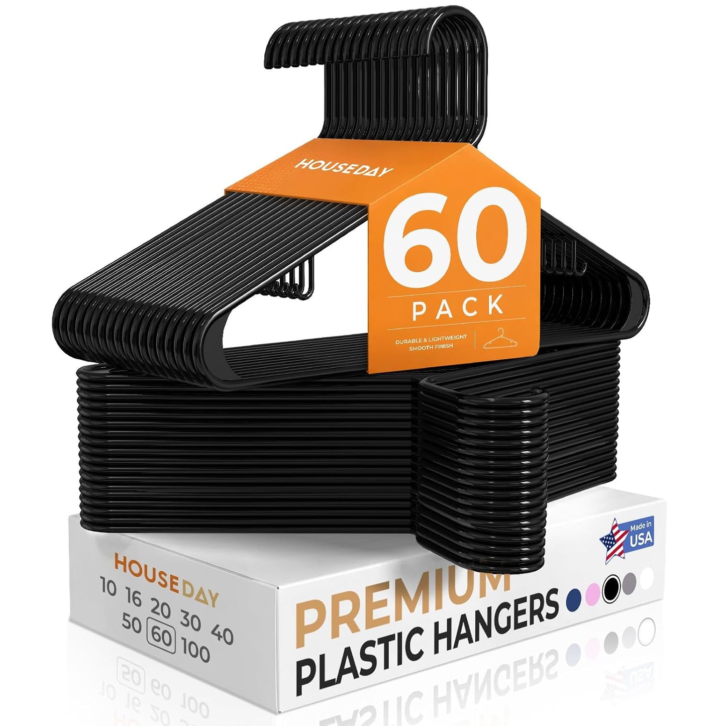 HOUSE DAY Black Plastic Hangers 60 Pack, Slim Space-Saving Clothes Hangers | Durable Hangers Hold Up to 7 lb with Built-In Non-Slip Strap Hooks and Smooth Edges; Family Pack for Everyday Closet Storage