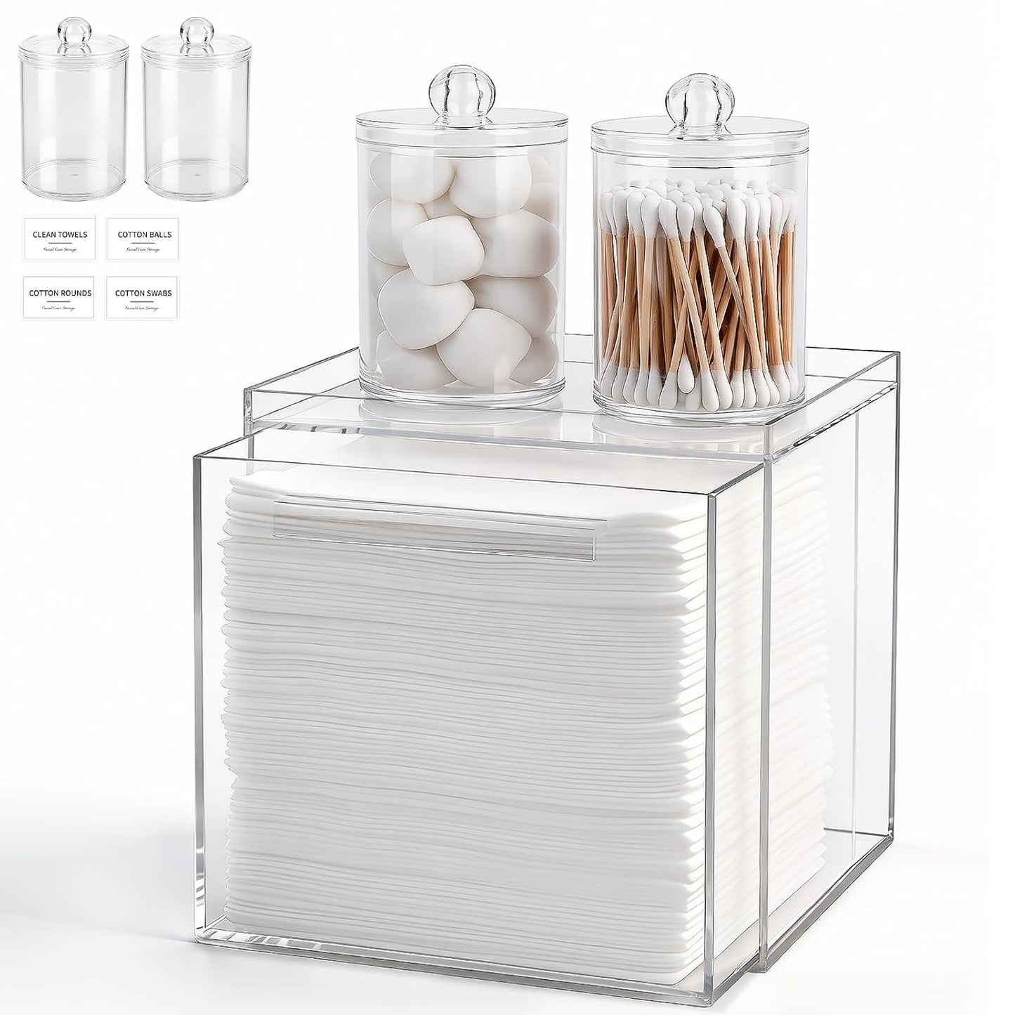 Anyoifax Disposable Face Towels Holder Set with 2 Pack Qtip Holders, Clear | Acrylic Box Bin Compatible with Clean Skin Club Clean Towelettesl XL Bathroom Counter Storage with Drawer