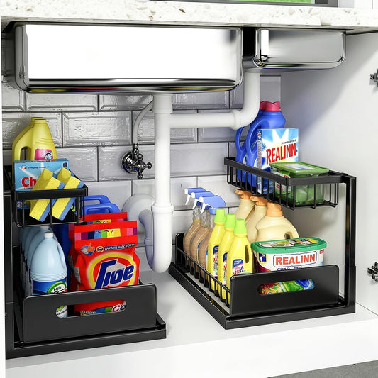 Under Sink Organizer, L-Shaped 2 Tier Pull Out Cab... (2 Count | Black | Cast Iron)