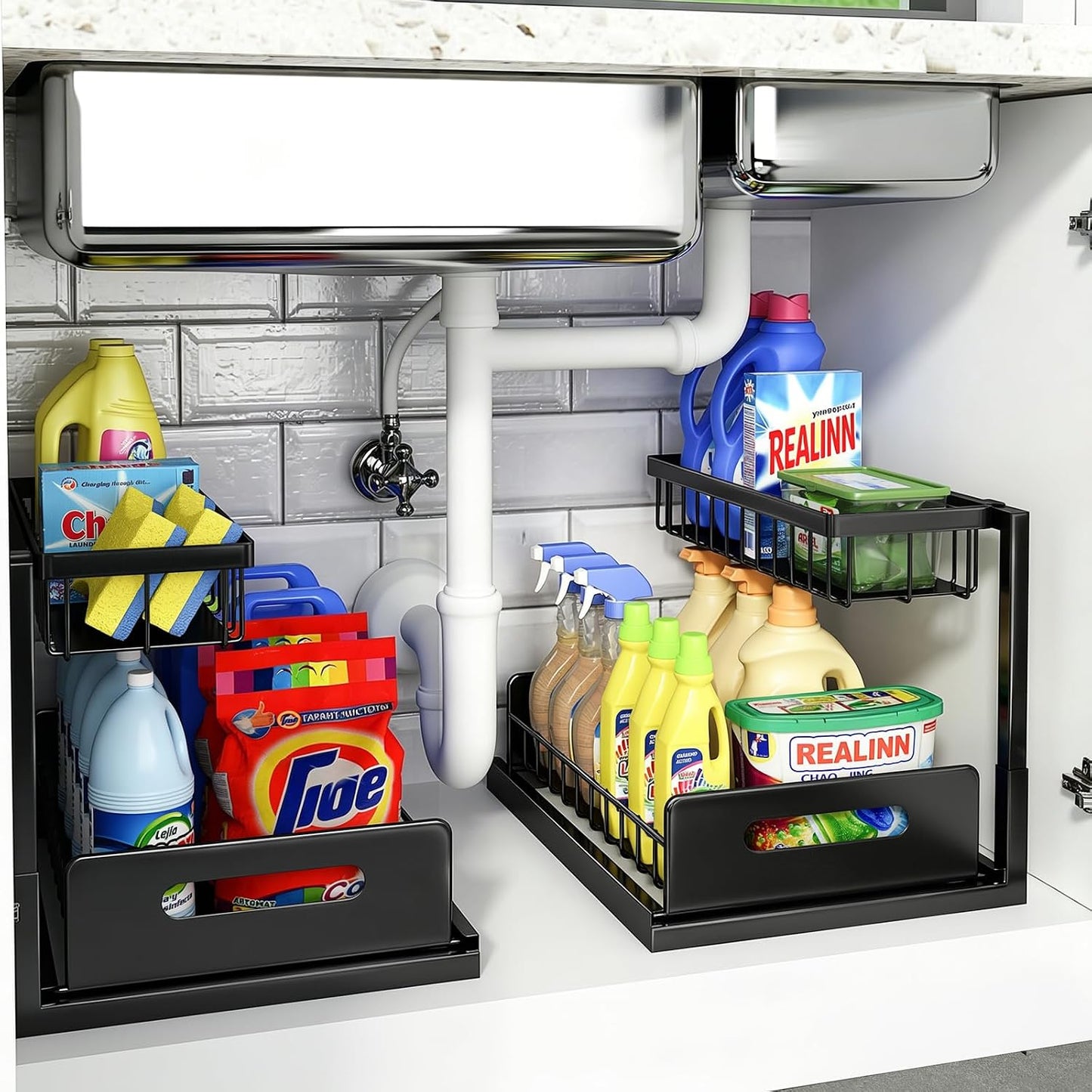 Under Sink Organizer, L-Shaped 2 Tier Pull Out Cabinet Organizer | For Kitchen and Bathroom, Slide Out Under Cabinet Storage, Metal Under Sink Storage with Sliding Drawer, 50 lbs, Black 2 Pack