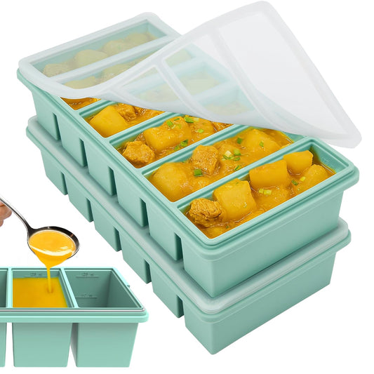 1/2 Cup Silicone Freezer Molds with Lid, Soup Container Style Ice Cube Trays for Freezer - Reinforced Steel Ring Top for freezing Soup Sauce Broth Leftovers, Dishwasher & Oven Safe, BPA Free 2 Pack