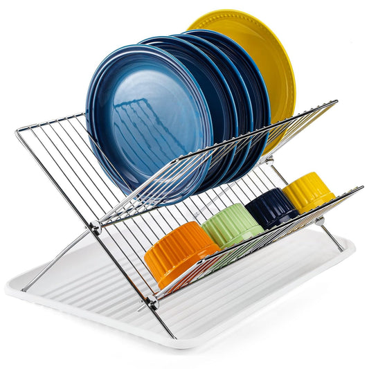 Foldable Dish Drying Rack with Drip Tray, Stainless Steel 2 Tier Dish Drainer Rack, Collapsible Dish Drainer, Folding Dish Rack for Kitchen Sink, Countertop, Cutlery, Plates, Dishes
