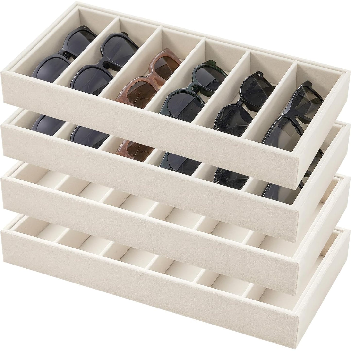 4 Pcs Velvet Sunglasses Organizer Tray 6 Grid Sunglass Organizer Velvet Tray Stackable Glasses Display Case for Women Glasses Jewelry Display Watch (Beige)