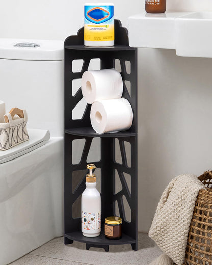 J JINXIAMU Corner Shelves,Corner Shelf Stand Waterproof Great for Bathroom Storage Tight Space,Small Shelf Stand Fit for Toilet Paper Holder Storage, Corner Tables for Small Space,Black