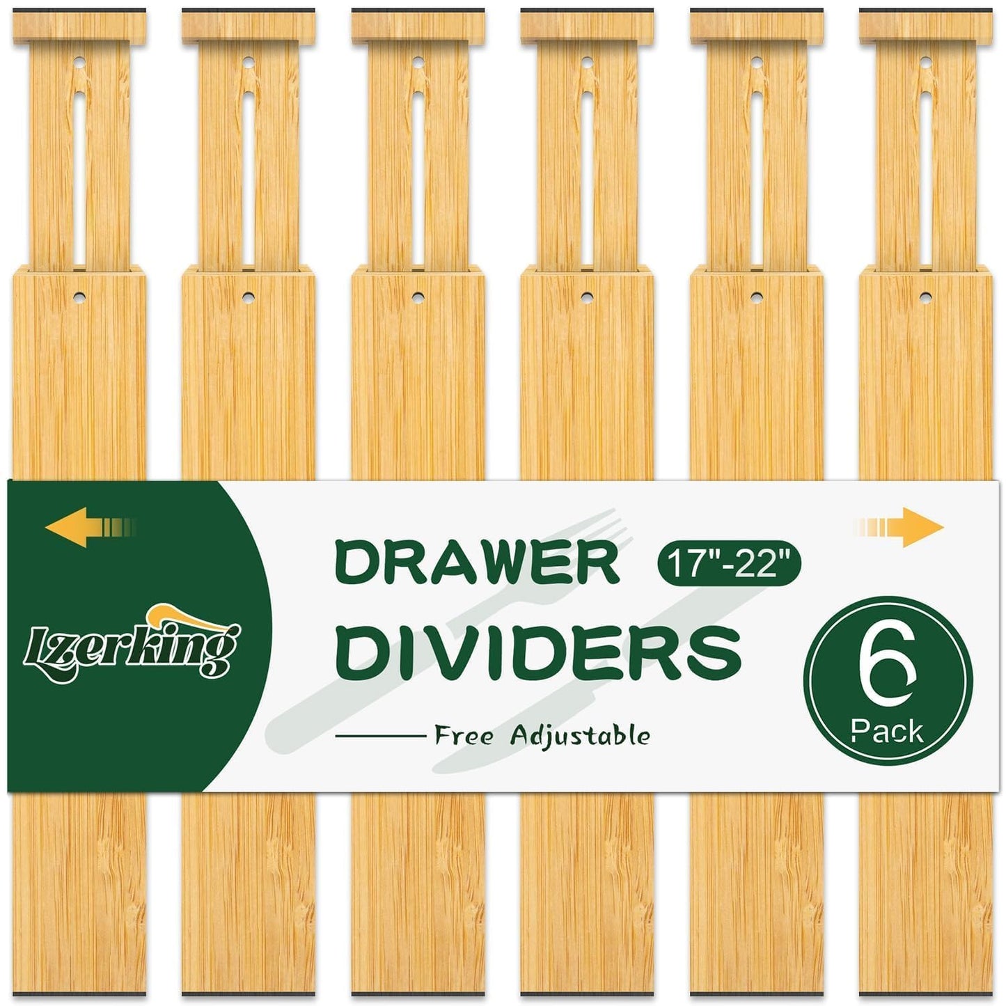 Kitchen Drawer Dividers 6 Pack Bamboo Drawer Organizers | 17-22" Adjustable, Spring Loaded, Expandable Utensil Organizer, Works in Kitchen, Dresser, Closet, Bathroom, Bedroom