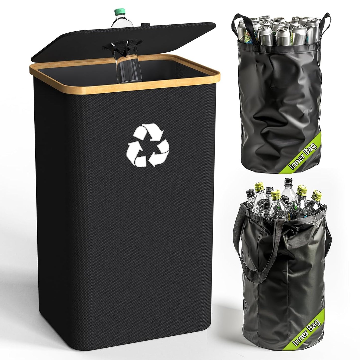Recycling Bin for Kitchen Indoor Home, Large 26 Gallon 100L Recycle Bin with Lid Removeable Reusable Inner Bag Bottle Can Glass Waste Plastice Stickers,Black