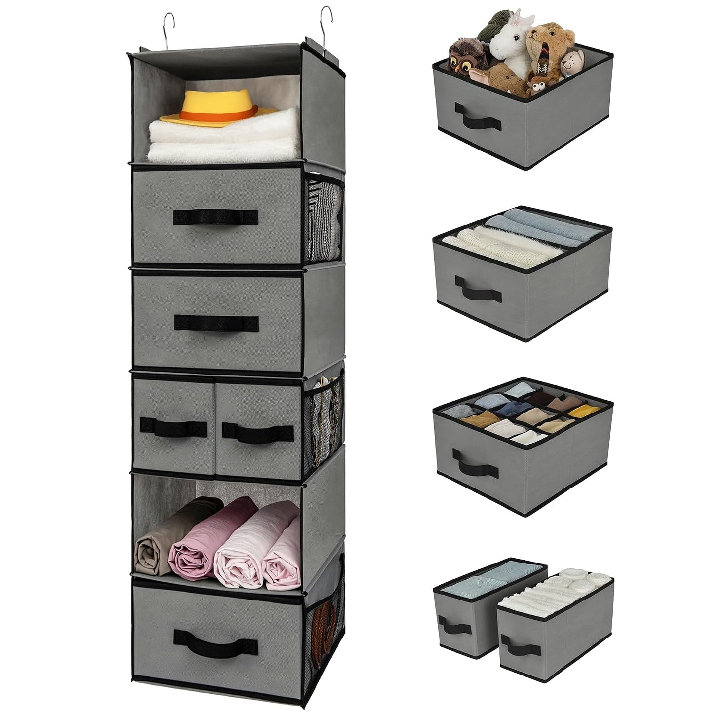 GRANNY SAYS Hanging Closet Organizer 6 Shelves, Closet Organizers and Storage with 5 Drawers, 6 Side Pockets Closet Hanging Organizer, Hanging Storage Organizer for Closet, Baby Clothes, Gray