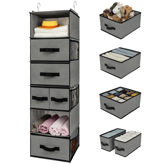 GRANNY SAYS Hanging Closet Organizer 6 Shelves, Closet Organizers and Storage with 5 Drawers, 6 Side Pockets Closet Hanging Organizer, Hanging Storage Organizer for Closet, Baby Clothes, Gray