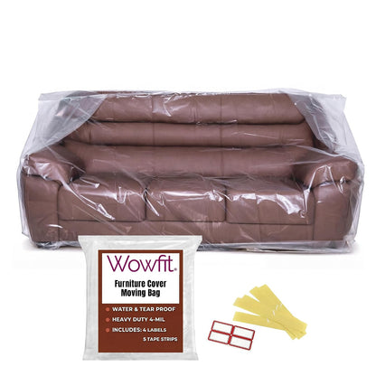Wowfit 4mil Couch Cover for Moving, Clear Sofa Storage Bag, 92Wx42Dx62/41H | With Tape Strips & Labels, Heavy Duty, Tear-Resistant, Waterproof, Reusable, Oversized/3-Seat Sofa, Long-Term Garage Storage