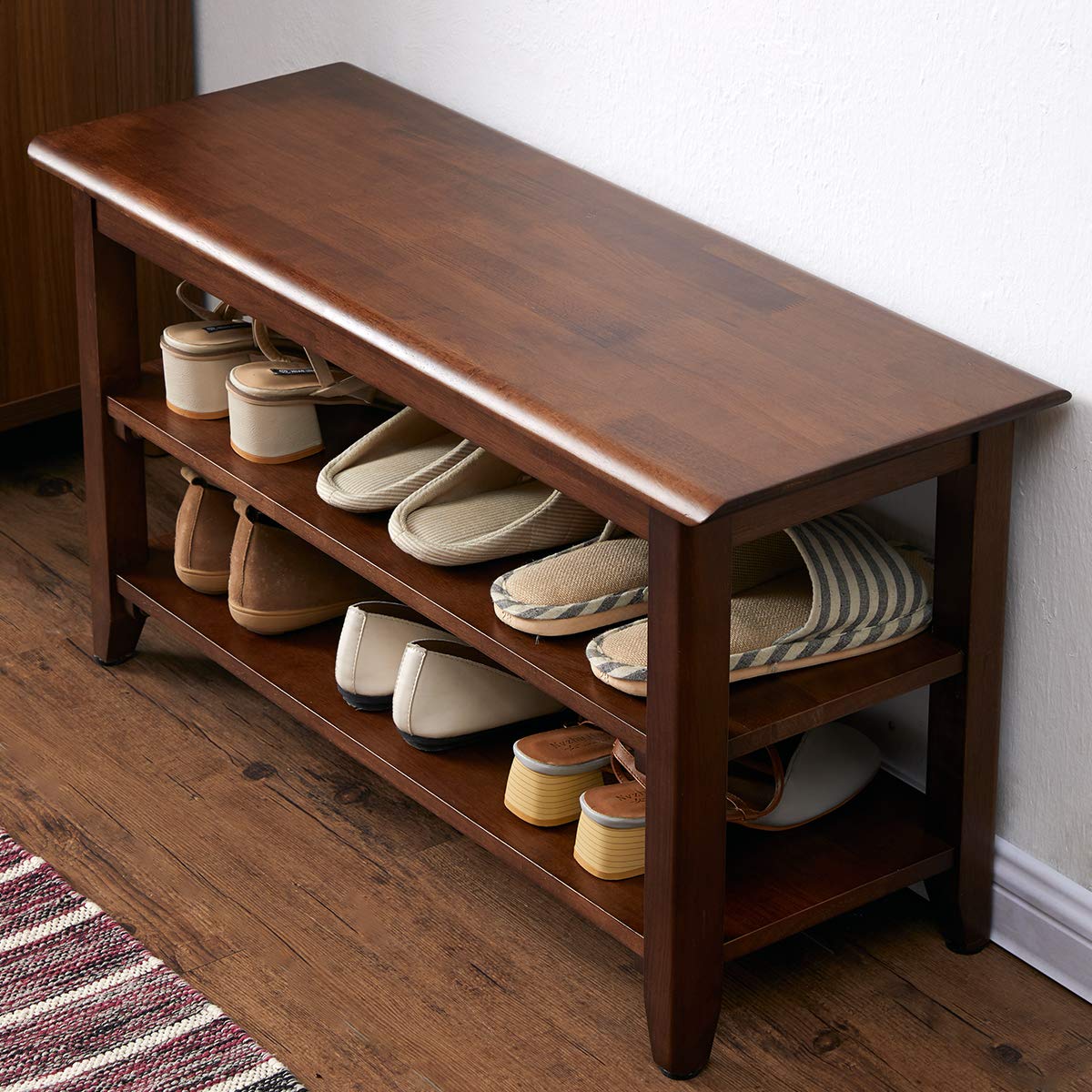 XKZG Shoe Rack Bench Wooden Shoe Storage Bench Entryway Bench, Brown, 31.5" | Rubber wood, Shoe Bench for Entryway, Living Room, Bedroom, Balcony, 31.5"W x 11.8"D x 16.5"H