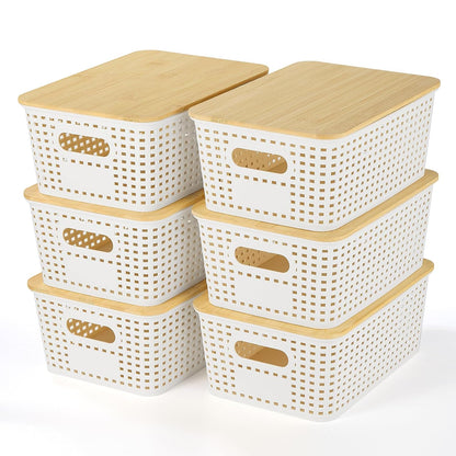 Ohmlove Plastic Storage Baskets With Bamboo Lid - Plastic Storage Containers Stackable Storage bins: Storage Baskets for Organizing Shelves Drawers Desktop Closet Playroom Classroom Office, 6 Pack