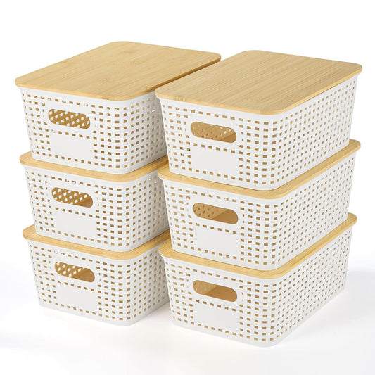 Ohmlove Plastic Storage Baskets With Bamboo Lid - Plastic Storage Containers Stackable Storage bins: Storage Baskets for Organizing Shelves Drawers Desktop Closet Playroom Classroom Office, 6 Pack