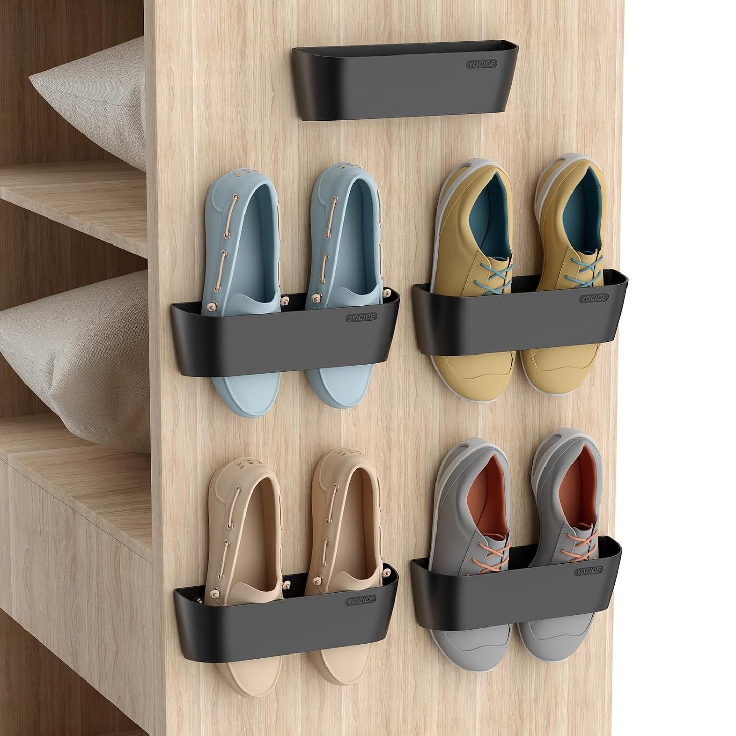Wall Mounted Shoes Rack 5Pack with Sticky Hanging Strips, Plastic Shoes Holder Storage Organizer,Door Shoe Hangers (Black)