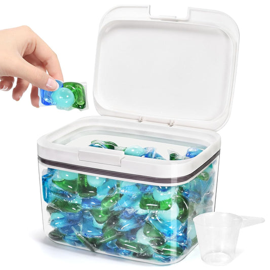 Pensino Laundry Pods Container Holder with Lid, Laundry Room Storage Container for Detergent Pods Laundry Powder Scent Booster Container with Scoop