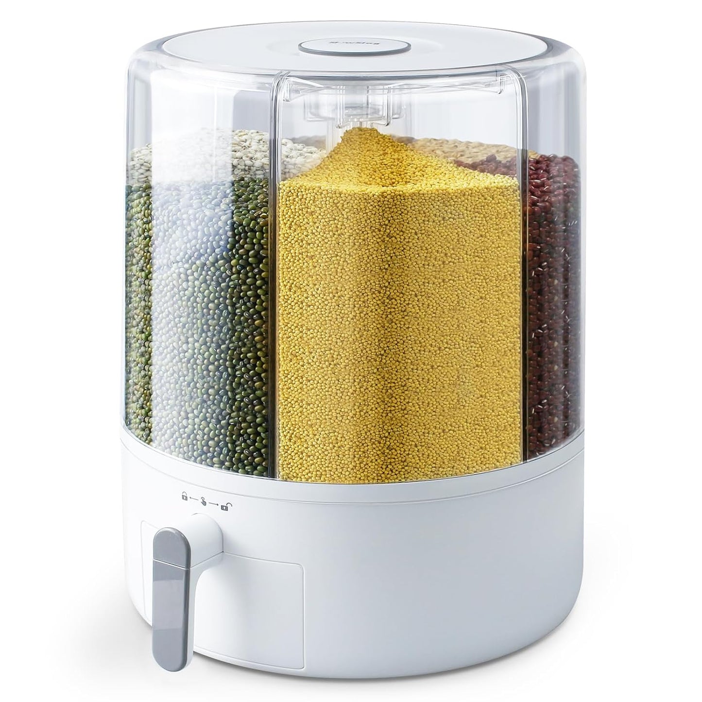 Grain and Rice Storage Container, 6 Grid Grain Dispenser, Food Dispenser | 360° Rotating 25lb Large Food Dispenser, Rice Dispenser Upgrade 6 Compartment Rotating, Airtight Storage White