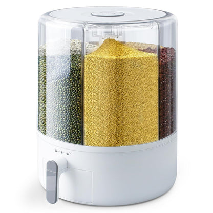 Grain and Rice Storage Container, 6 Grid Grain Dispenser, Food Dispenser | 360° Rotating 25lb Large Food Dispenser, Rice Dispenser Upgrade 6 Compartment Rotating, Airtight Storage White