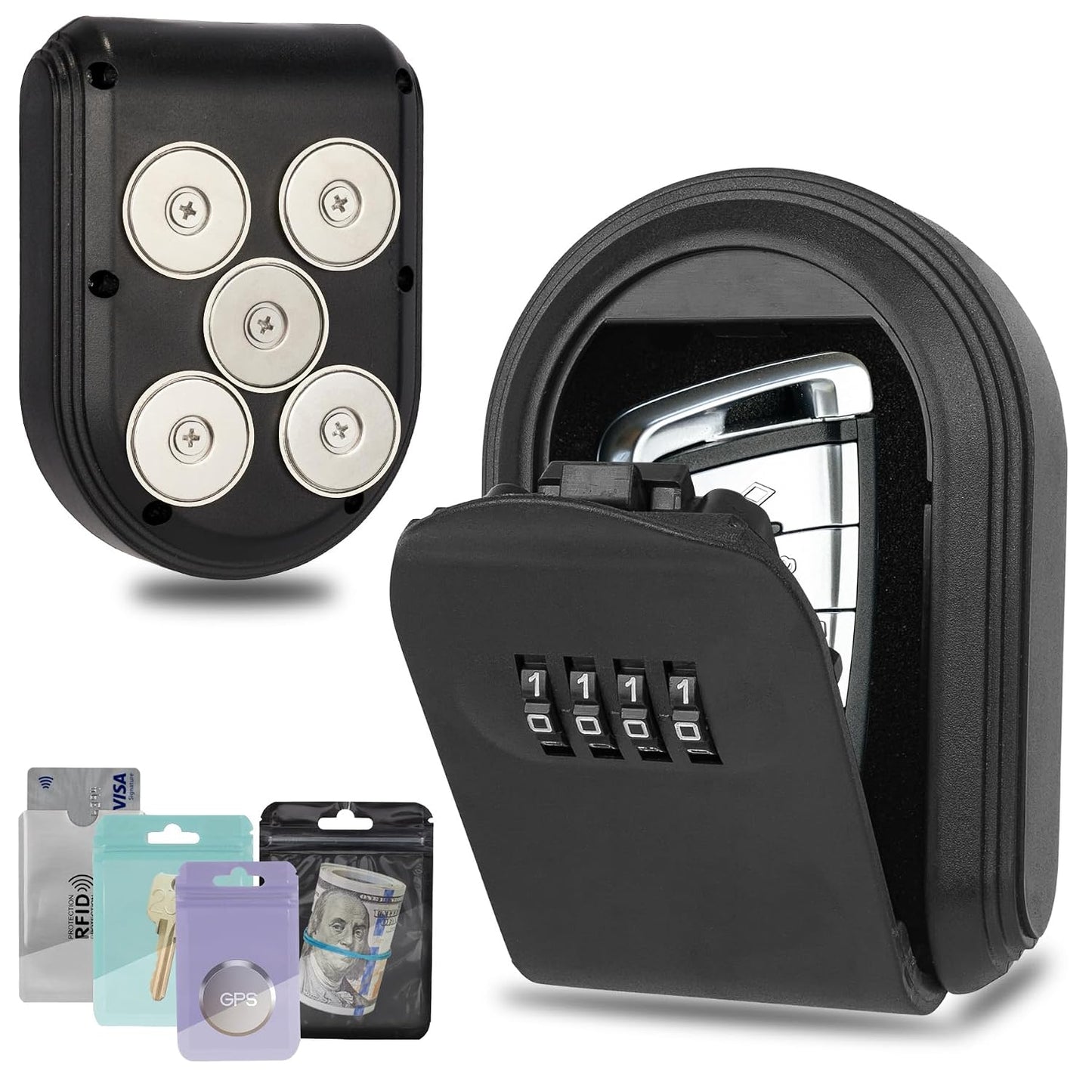 Magnetic Key Box for Under Car, Hide a Key Outside with Combination Lock Box, Resettable Safe Security Code Lockbox with 5 Strong Magnets, Anti-drop Magnetic Holder Under Car, Truck, Outdoor (1,Black)