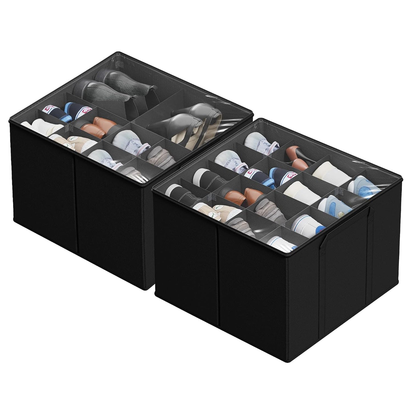 SUOCO 2 Pack Shoe Organizer for Closet, Fits up to 32 Pairs, Small Space Shoe Storage Boxes Bins Containers w/Adjustable Dividers and Clear Top, Black