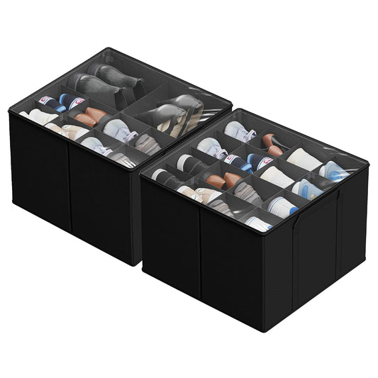 SUOCO 2 Pack Shoe Organizer for Closet, Fits up to 32 Pairs, Small Space Shoe Storage Boxes Bins Containers w/Adjustable Dividers and Clear Top, Black