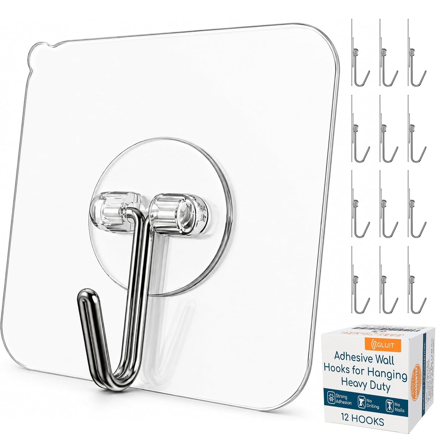 Adhesive Wall Hooks for Hanging Heavy Duty 22 lbs Hooks for Walls No Drill, Towel Sticky Clear Hook, Waterproof, Home, Bathroom, Kitchen, Office, and Outdoor 12 Pack