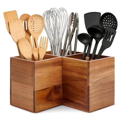 Extra Large Corner Utensil Holder with 3 Compartme... (Natural | Acacia Wood)