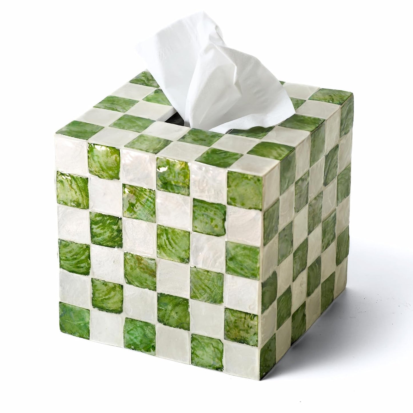 5.5" Capiz Checkered Square Tissue Box Cover, Pistachio Green | Handmade Decorative Tissue Holder With Capiz Shell Inlay, Cute Green Tissue Box Cover For Kleenex For Bathroom, Coffee Table