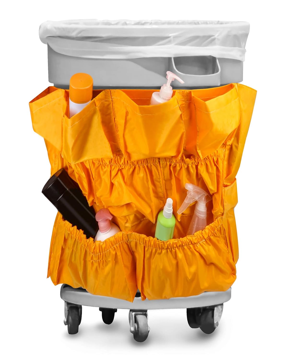 QWORK Trash Can Caddy Bag, 10 Pocket Commercial Cleaning Bag, Fit 32-50 Gallon Can, Round Trash Bag Holder, Garbage Bin Organizer, Yellow
