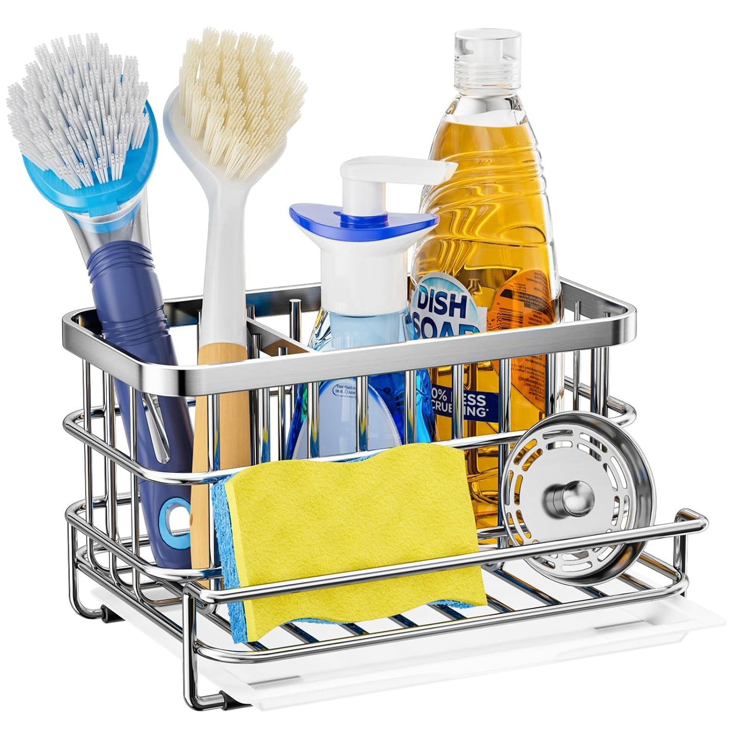 HapiRm Kitchen Sink Organizer, SUS304 Stainless Steel Rustproof Multifunctional Large Sink Caddy with Sponge Holder and Drain Tray for Kitchen Countertop (Silver)