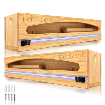 Wrap Organizer Dispenser with Cutter, (2 Piece Set), Fits 12" Rolls, Plastic Wrap, Aluminum Foil, Wax Paper, Saran Wrap, Cling Wrap Holder for Kitchen Storage, Mountable, Bamboo