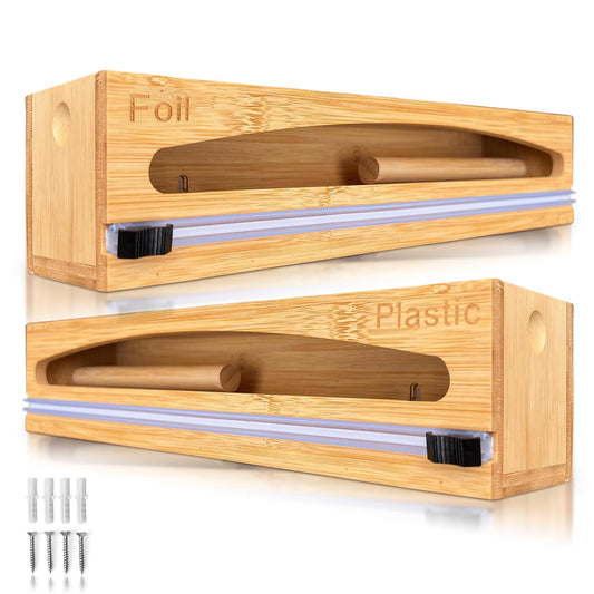 Wrap Organizer Dispenser with Cutter, (2 Piece Set), Fits 12" Rolls, Plastic Wrap, Aluminum Foil, Wax Paper, Saran Wrap, Cling Wrap Holder for Kitchen Storage, Mountable, Bamboo