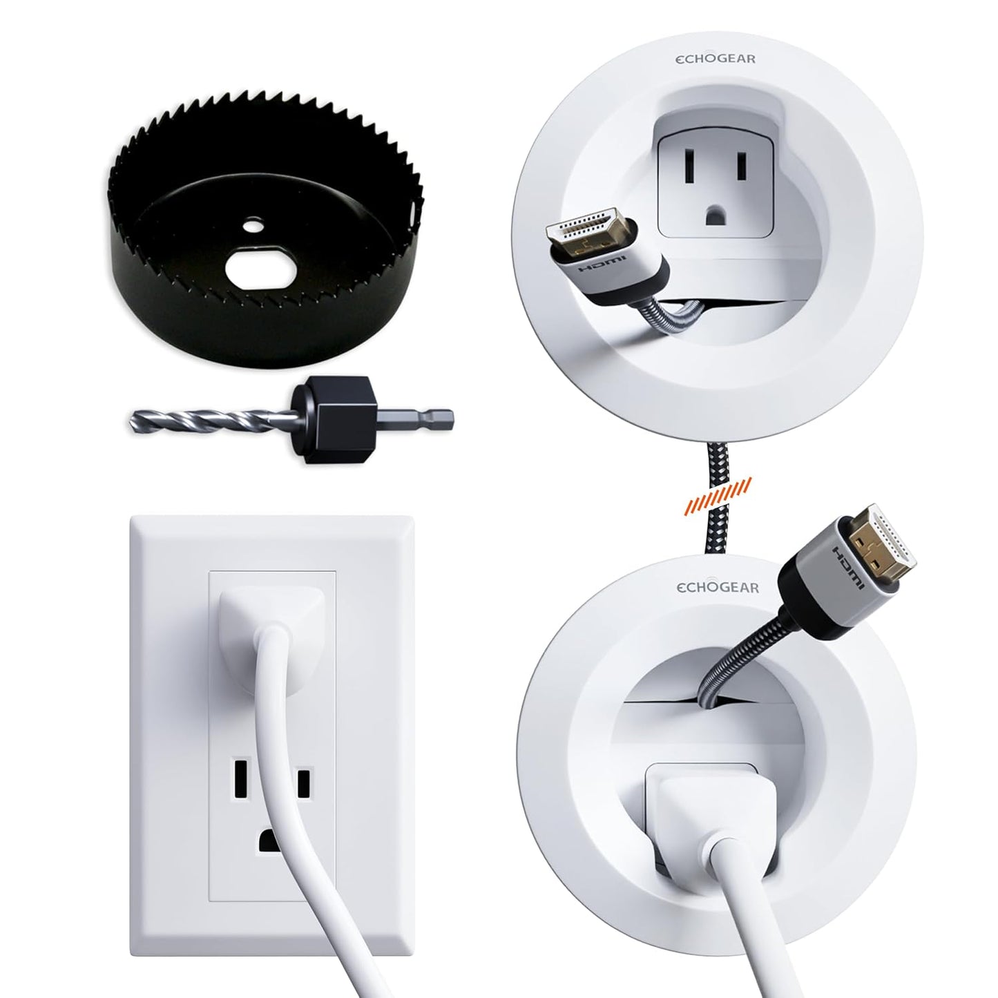 ECHOGEAR in-Wall Cable Management Kit for Power & Low Voltage Cords – Hide TV Wires Behind the Wall – Includes 3.75” Diameter x 3.25” Depth Modules, 6ft Extension Cord, Drywall Hole Saw Attachment