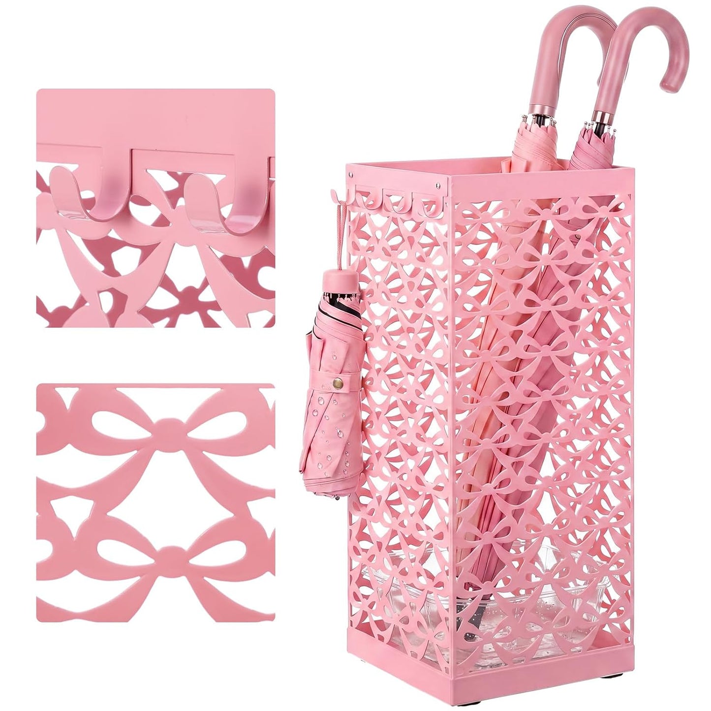 Hicarer Pink Bow Umbrella Holder for Entryway Umbrella Stand with Removable Drip Tray & 4 Hooks Cute Coquette Square Freestanding Walking Sticks Storage Bin for Home Hallway, 16 x 6.3 x 6.3 Inch