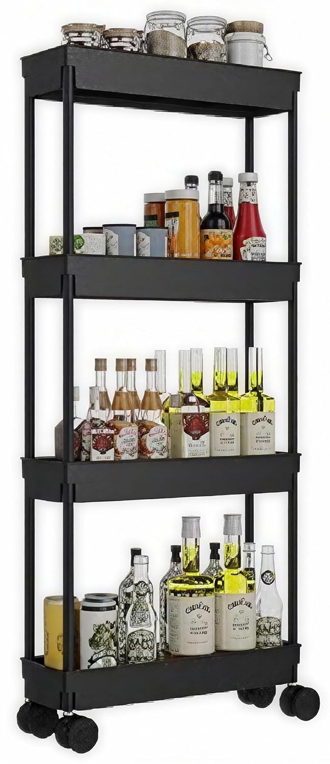 Sooyee 4 Tier Slim Storage Cart, Black | Rolling, Narrow Shelf, Mobile Shelving Unit Organizer, For Kitchen, Bathroom, Laundry Room