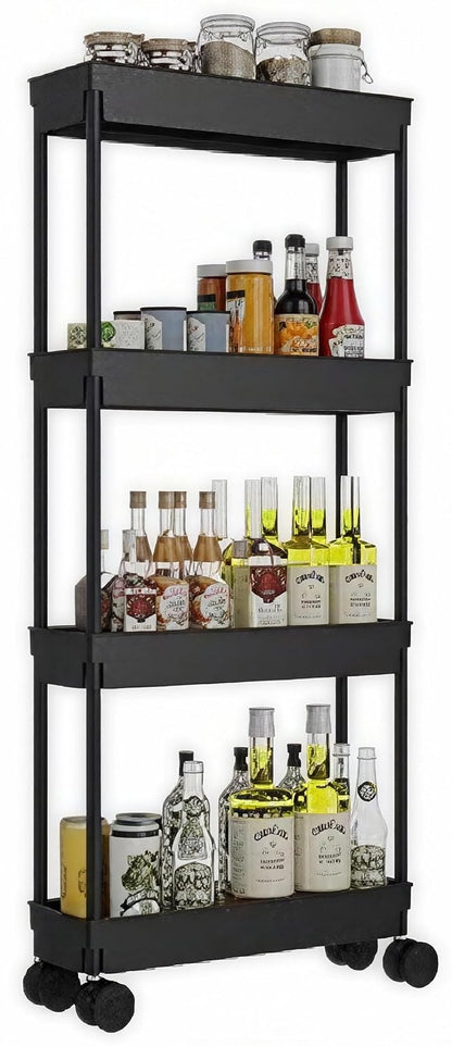Sooyee 4 Tier Slim Storage Cart, Black | Rolling, Narrow Shelf, Mobile Shelving Unit Organizer, For Kitchen, Bathroom, Laundry Room