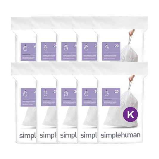 simplehuman Code K 200 Count Custom Fit Liners, Drawstring Kitchen Trash Bags, One-by-One Mess-Free Dispense, Extra Thick & Double Seamed, 50% PCR Plastic, 30-45 Liter / 8-12 Gallon, White