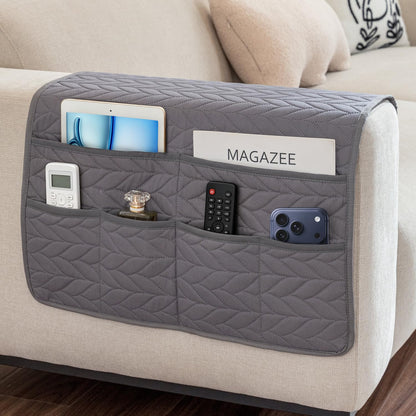 Remote Control Holder for Armchair, Couch Caddy Organizer TV Remote Holder for Recliner Couch With 6 Pockets, Non-Slip Arm Chair Caddy Bedside Table Organizer for Magazine, Tablet, Phone, iPad (Grey)