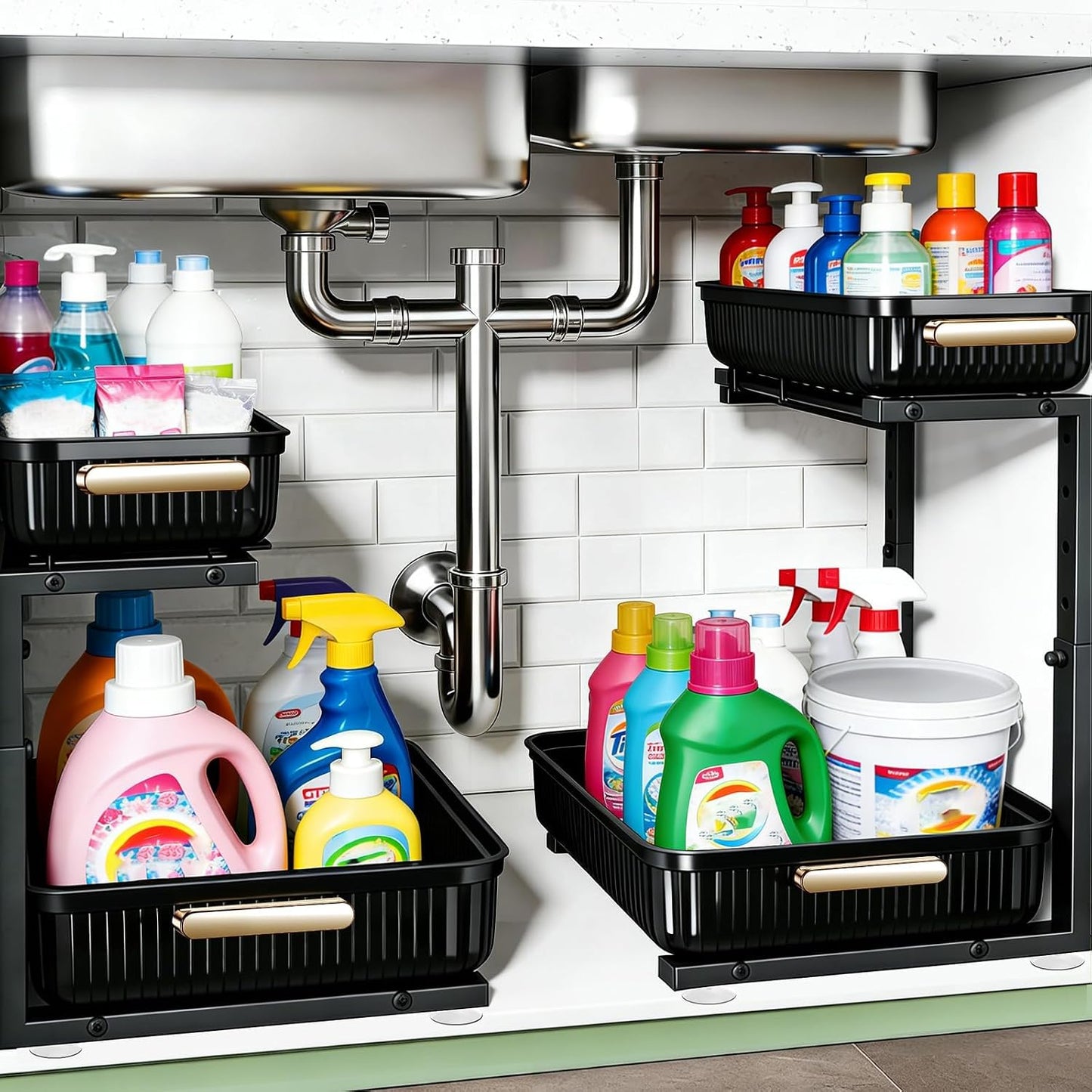Under Sink Organizer - 2 Pack Multi-Purpose Pull-Out Storage Shelf | Slide out Pull out Cabinet Organizer Shelf, Storage for Kitchen Bathroom