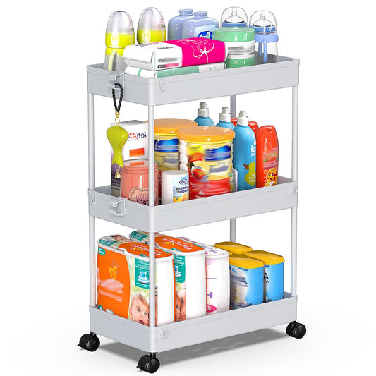 3 Tier Rolling Cart, Bathroom Cart Organizer with... (Grey | Plastic)