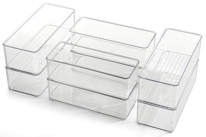 Hudgan 8 Pack Clear Plastic Drawer Organizers Set, Stackable Deep Drawer Organizer for Makeup Vanity and Desk, 2 Sizes Tall Bathroom Drawer Organizer