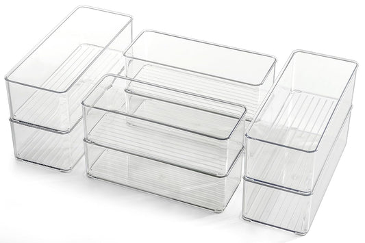 Hudgan 8 Pack Clear Plastic Drawer Organizers Set, Stackable Deep Drawer Organizer for Makeup Vanity and Desk, 2 Sizes Tall Bathroom Drawer Organizer