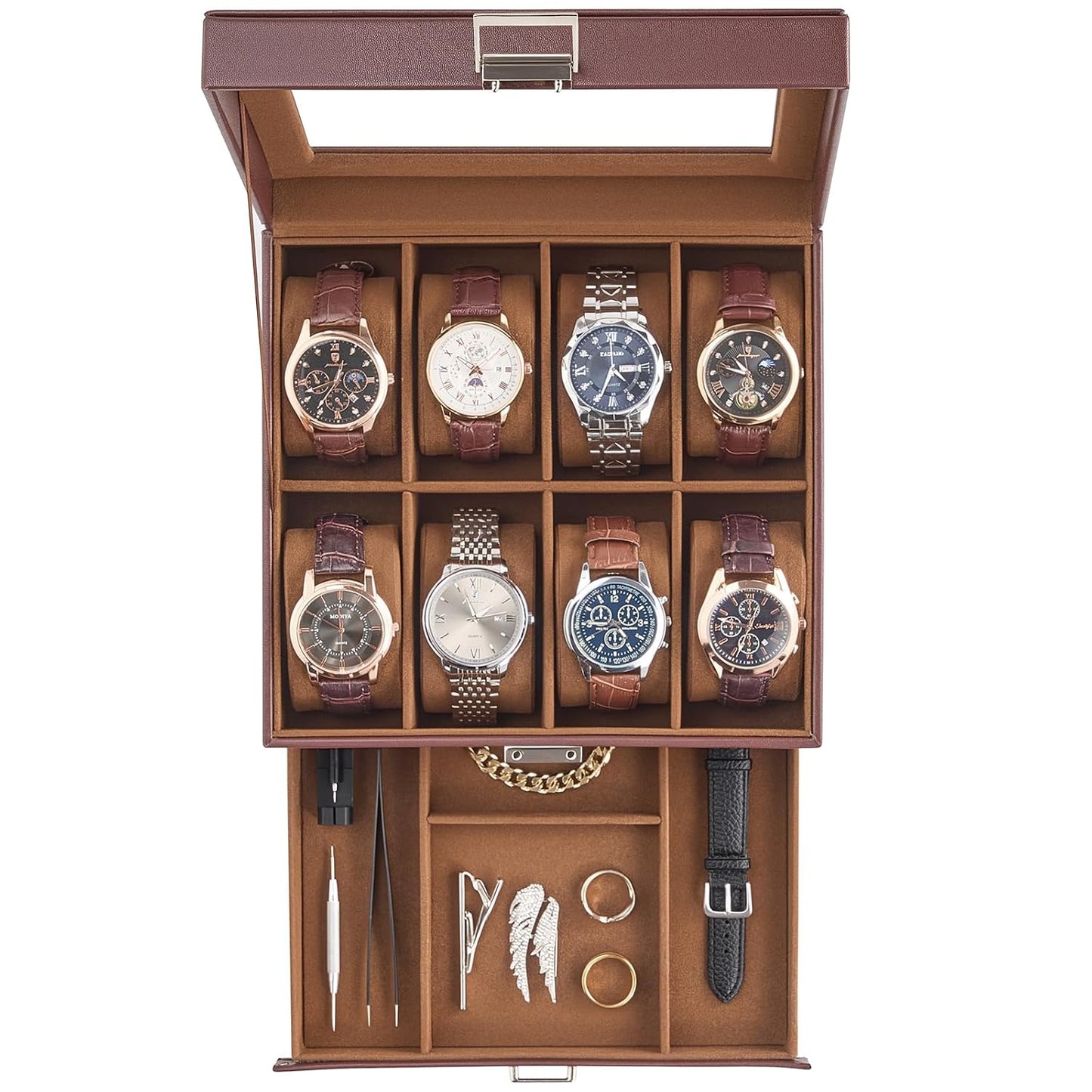 ProCase Watch Case, 8 Slot Mens Watch Box with Drawer -Espresso | 2-Layer Jewelry Box Display Case Holder Organizer for Men, Clear Lid, Dad Friend Father Anniversary Christmas Birthday Gift