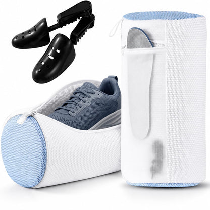 2 Pack XXL Shoe Washing Machine Bag, 700 GSM Heavy Duty Shoes Cleaning Bag with Anti-Tangle Mesh Pocket, 2 Adjustable Shoe Trees Keep Shape, Reusable Sneaker Laundry Bag for Frequent Wash, White
