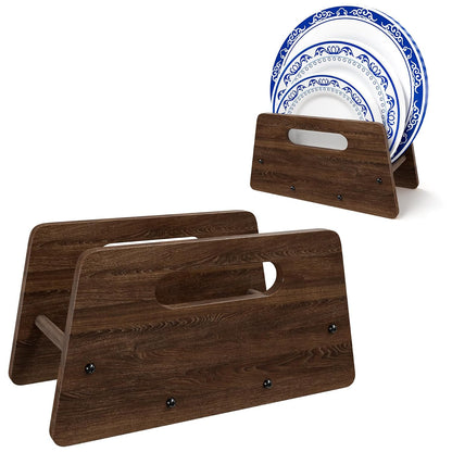Wooden Disposable Plate Dispenser, Acacia Plate Holder for 5-12 Inches Paper Plastic Foam Plate Storage Organizer Rack Holder for Cabinet, Countertop, Rv or Outdoor Use (Black Acacia, 1PC)