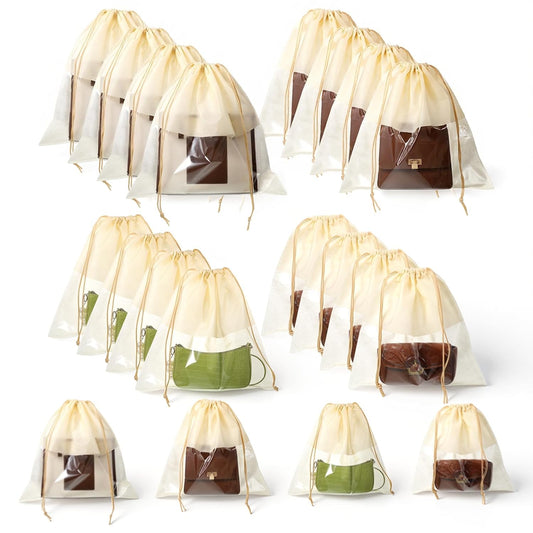 SHENLIU 16 Pcs Dustproof Drawstring Bags, 4 Sizes Beige Transparent Design Purse Dust Storage Bags Non Woven Fabric Cloth Pouch String Packing Organizer Shoe Pouch Handbags Covers