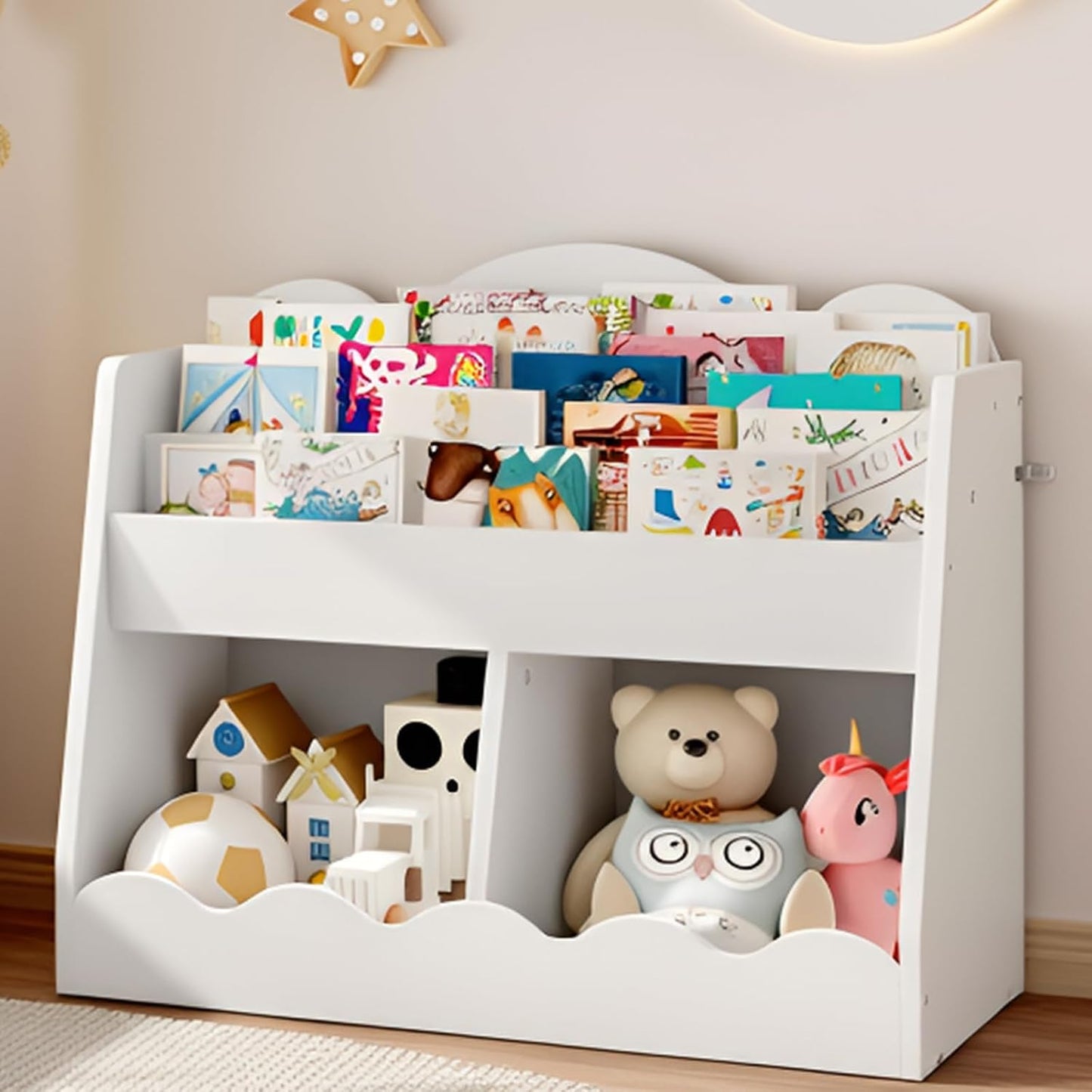 Kids Bookshelf and Toy Storage, Children's Bookcase with 2 Toy Cubes, Toddler Book Shelf for Kids Room, Wooden Book Organizer, for Playroom, Nursery, Living Room, White MCW15WB