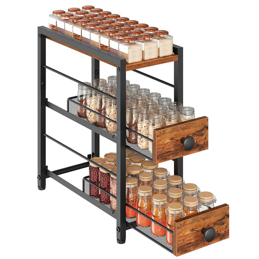 Spice Rack, 3-Tier Pull Out Spice Rack Organizer for Countertop, Narrow Kitchen Countertop Storage Shelf with 2 Drawers, for Kitchen, Cafe, Rustic Brown and Black SR02BR