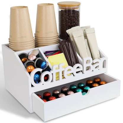 Coffee Bar Organizer Countertop,Wood Coffee Station with Drawer,Home&Office | K-Cups, Tea Bags, Sugar Packets & Creamers